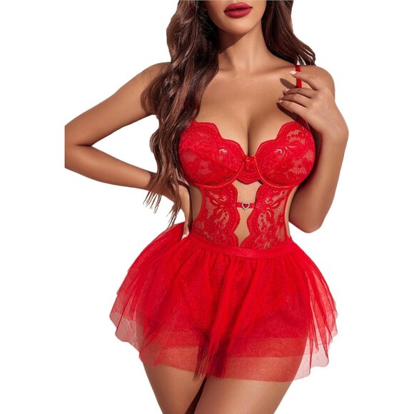 Women's Red Lingerie Set Lace Underwired Bodysuit With Detachable Mesh Mini